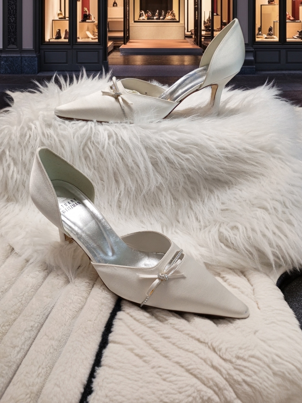 Stuart Weitzman Globanno Ivory Satin Pointed-Toe Heels with Crystal Bow Wedding